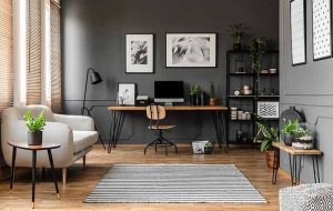 Rustic home office design with vintage furniture and decorative rug