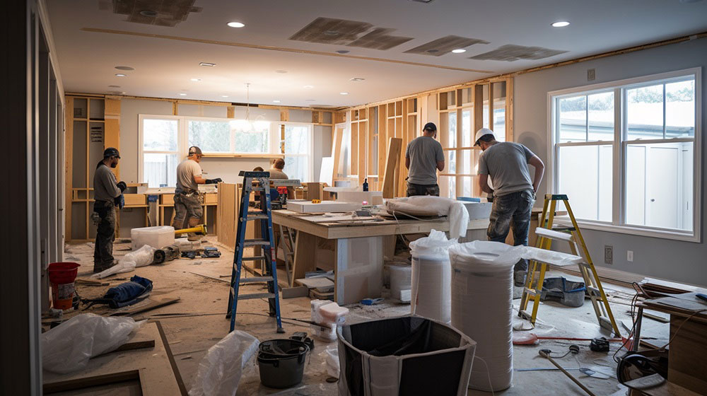 A Cedar Vista Homes project manager explaining the 'Workmanship Warranty' to a family in a modern kitchen, emphasizing the assurance and peace of mind provided by the warranty in home remodeling projects.